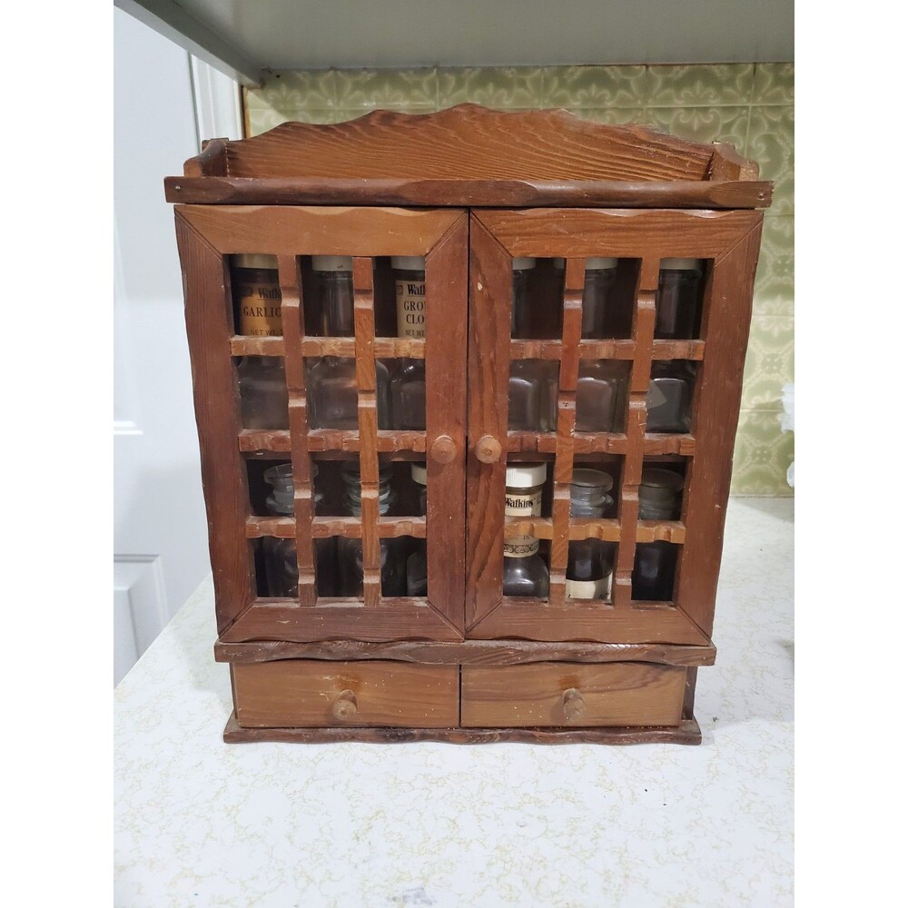 Vintage Wood Spice Rack w/Bottles 2 Drawers Norleans Made Taiwan 15" H MCM